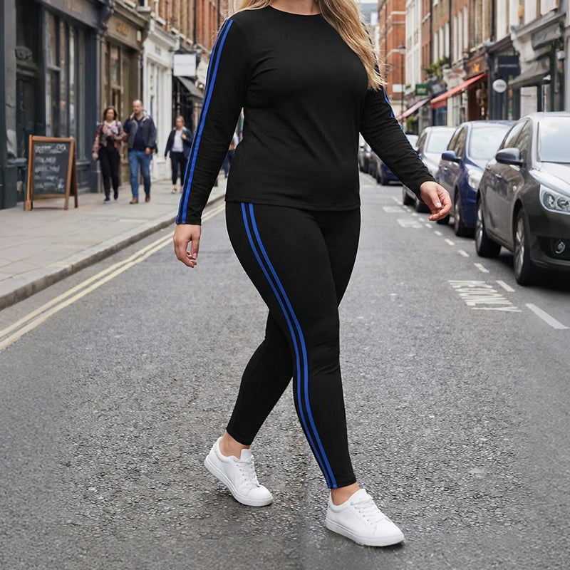Lucienne Contrast Trim Tracksuit Set – Long Sleeve Two-Piece Lounge Co-ord – Black Blue Trim