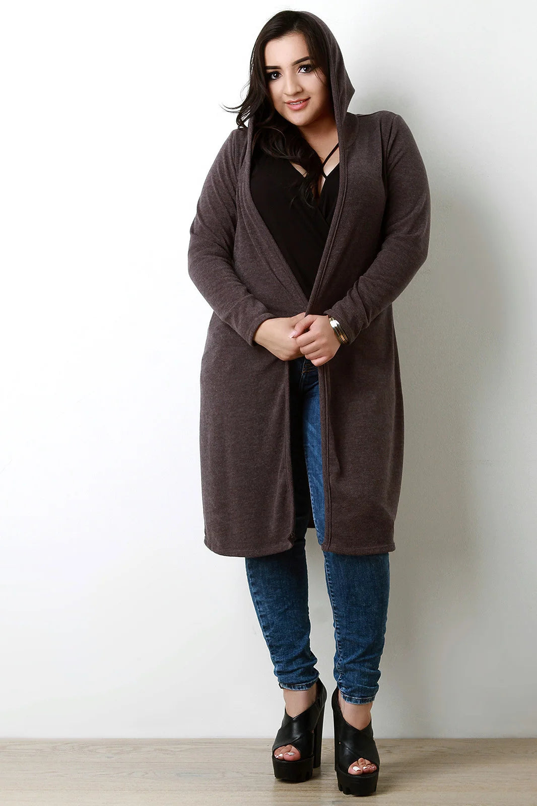 Lydia Knit Open Front Hooded Longline Cardigan – Regular Fit Long Sleeves | Dorvelli
