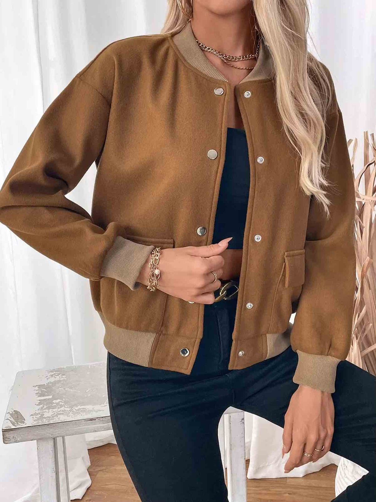 Madeleine Contrast Pocket Bomber Jacket – Regular Fit Long Sleeves | Dorvelli