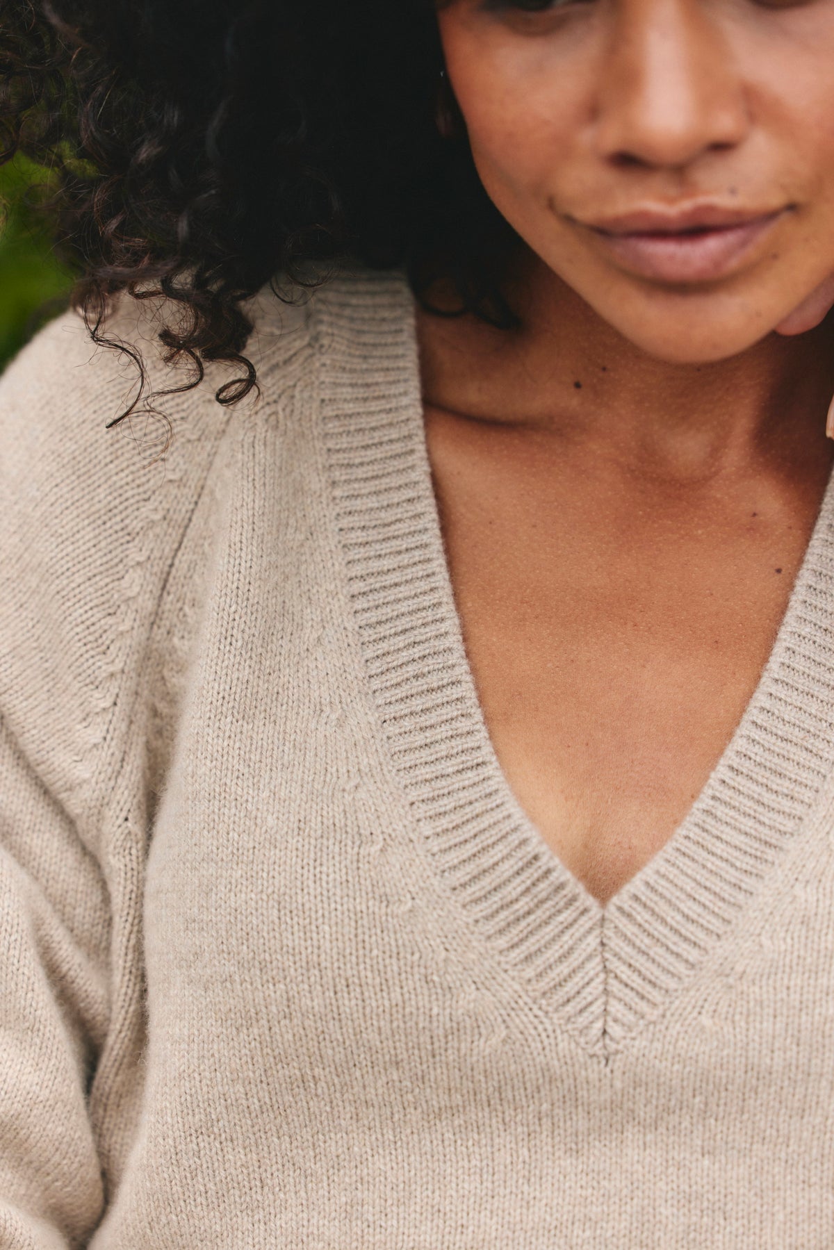 Maelys V-Neck Knit Jumper – Relaxed Fit Ribbed Trim Long Sleeve - Beige