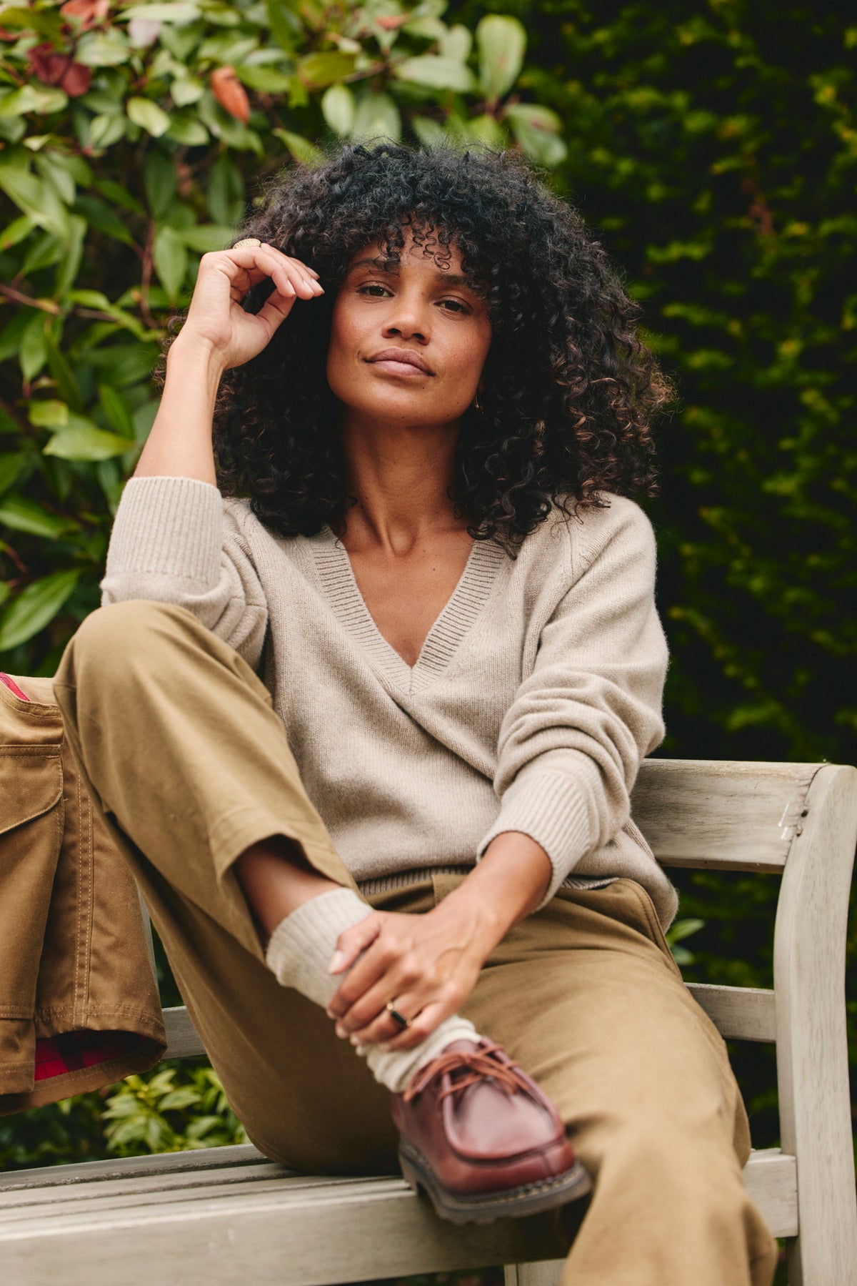 Maelys V-Neck Knit Jumper – Relaxed Fit Ribbed Trim Long Sleeve - Beige