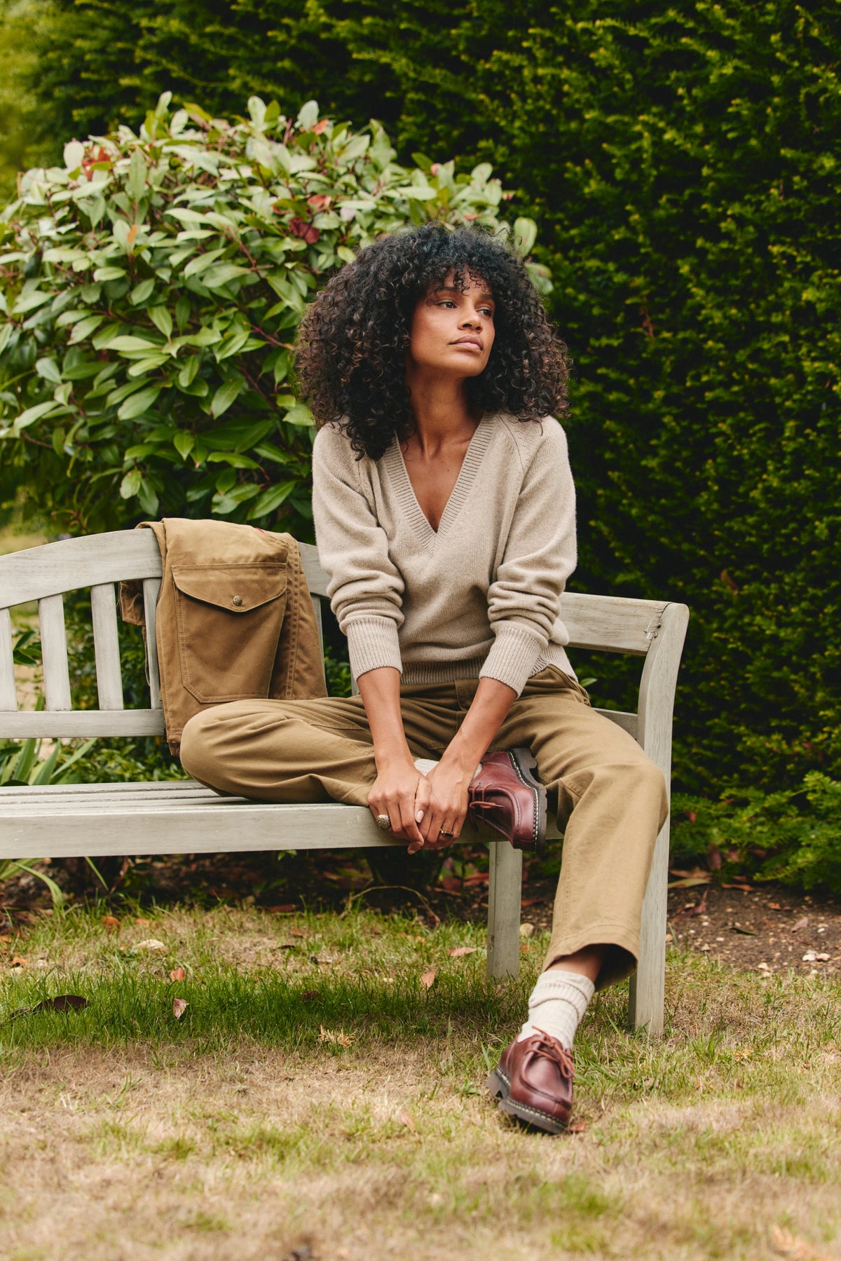 Maelys V-Neck Knit Jumper – Relaxed Fit Ribbed Trim Long Sleeve - Beige