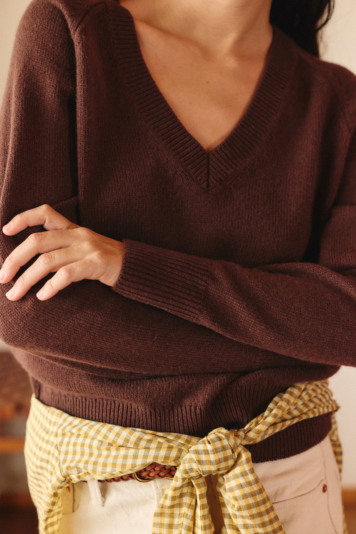 Maelys V-Neck Knit Jumper – Relaxed Fit Ribbed Trim Long Sleeve - Chocolate Brown