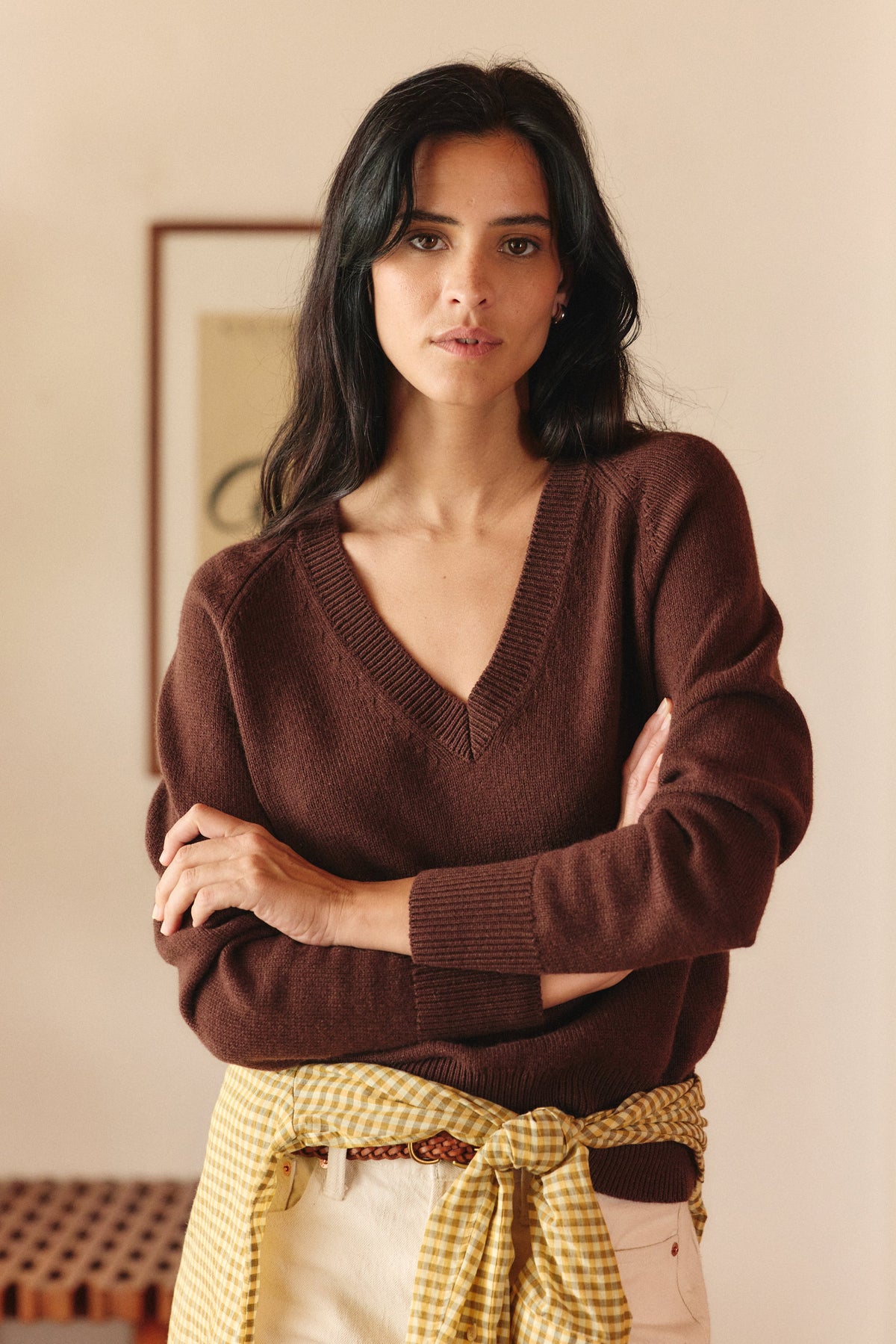 Maelys V-Neck Knit Jumper – Relaxed Fit Ribbed Trim Long Sleeve - Chocolate Brown