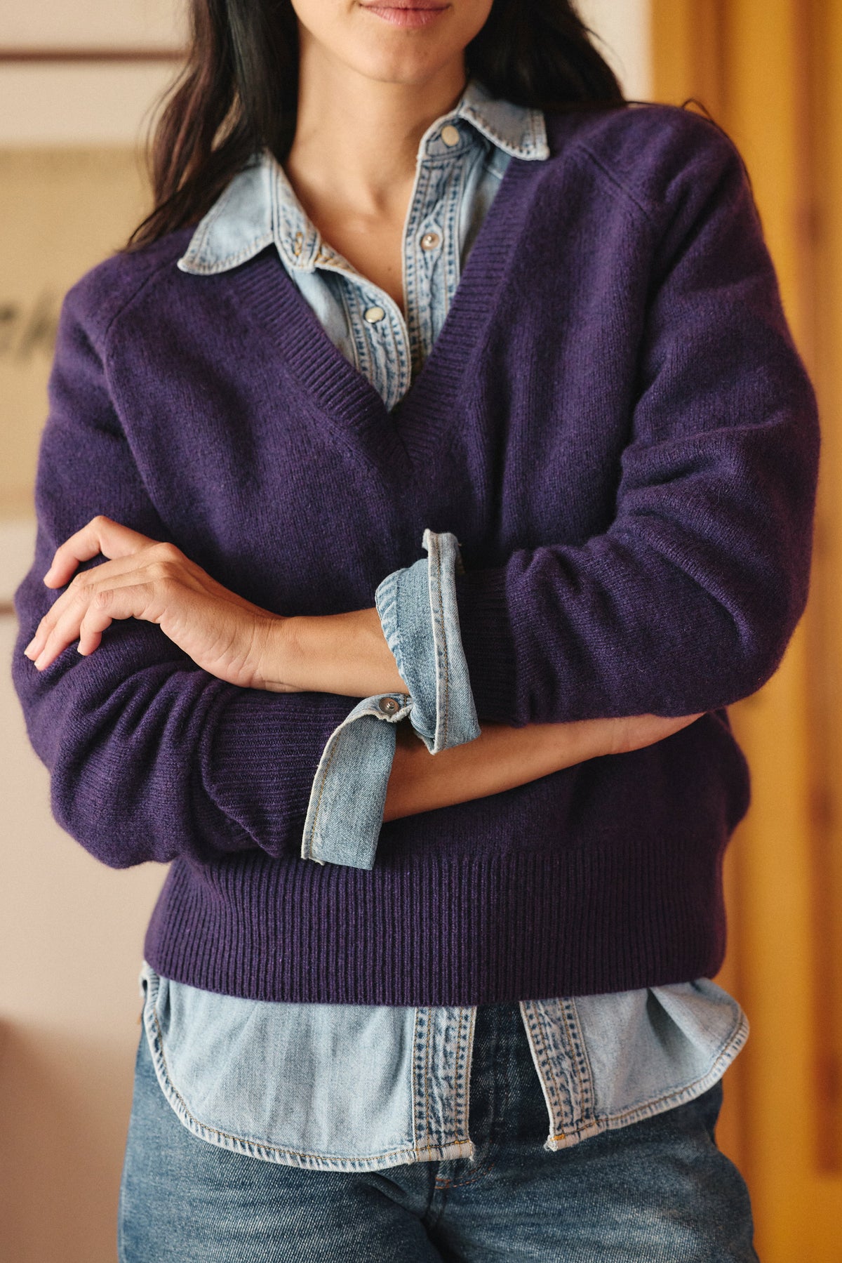 Maelys V-Neck Knit Jumper – Relaxed Fit Ribbed Trim Long Sleeve - Deep Purple