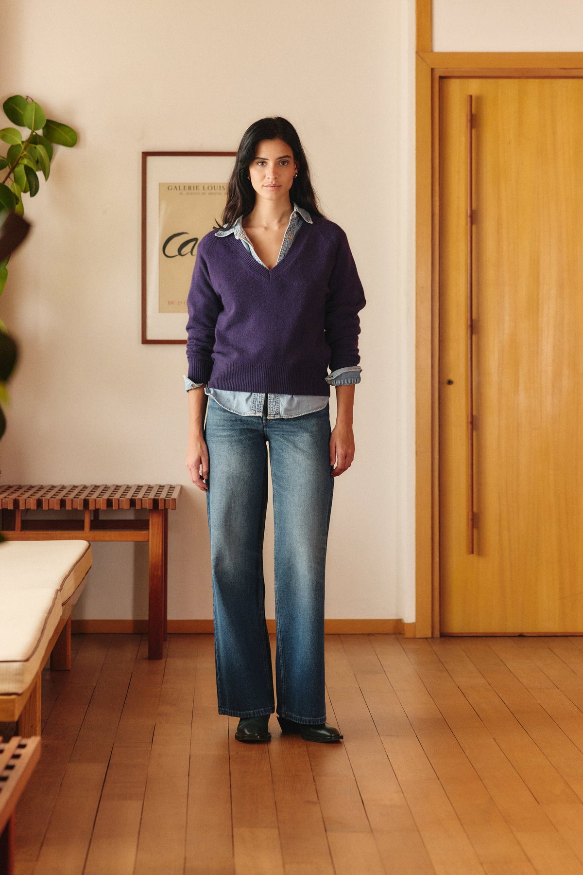 Maelys V-Neck Knit Jumper – Relaxed Fit Ribbed Trim Long Sleeve - Deep Purple