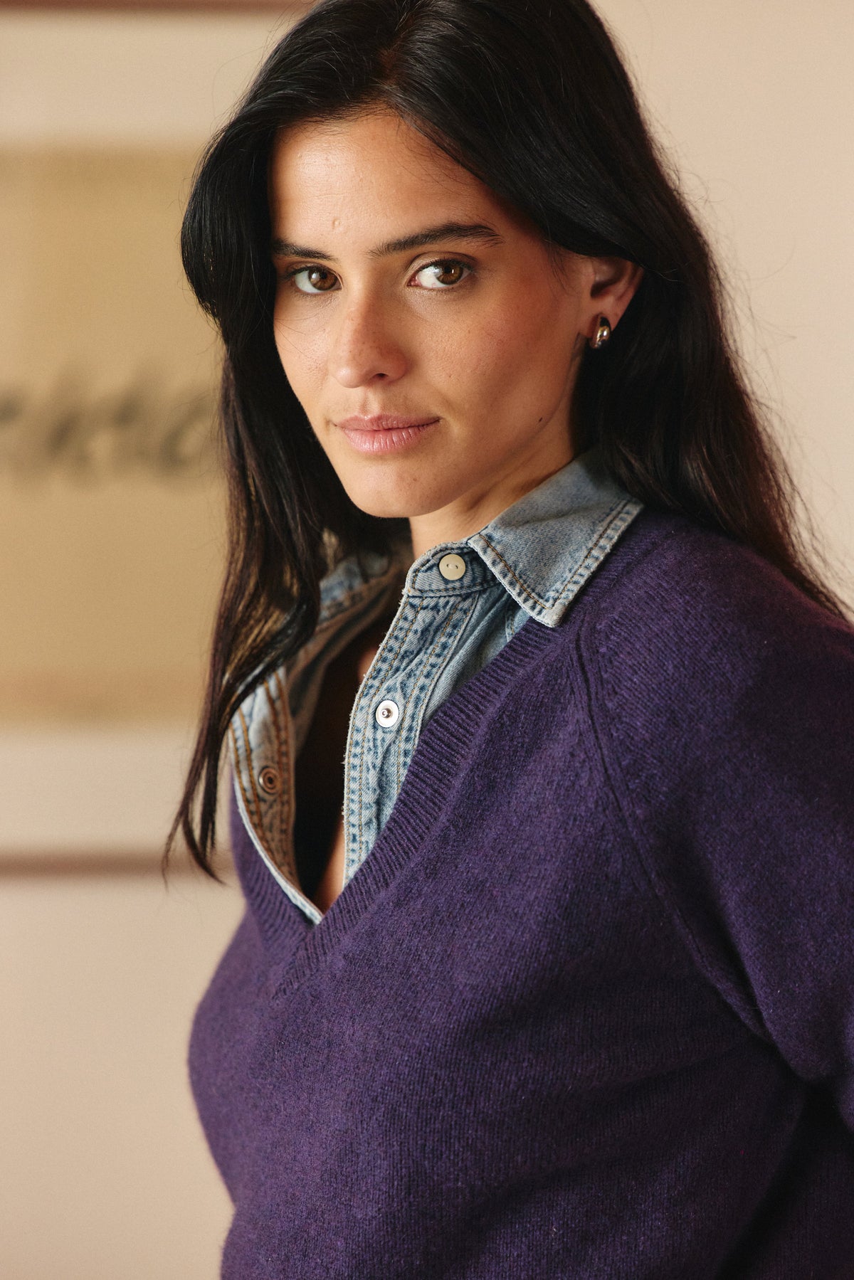 Maelys V-Neck Knit Jumper – Relaxed Fit Ribbed Trim Long Sleeve - Deep Purple