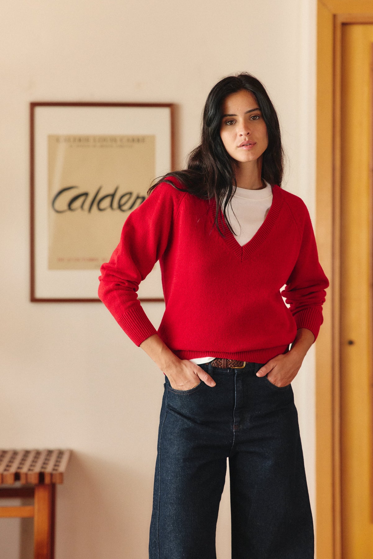 Maelys V-Neck Knit Jumper – Relaxed Fit Ribbed Trim Long Sleeve - Red