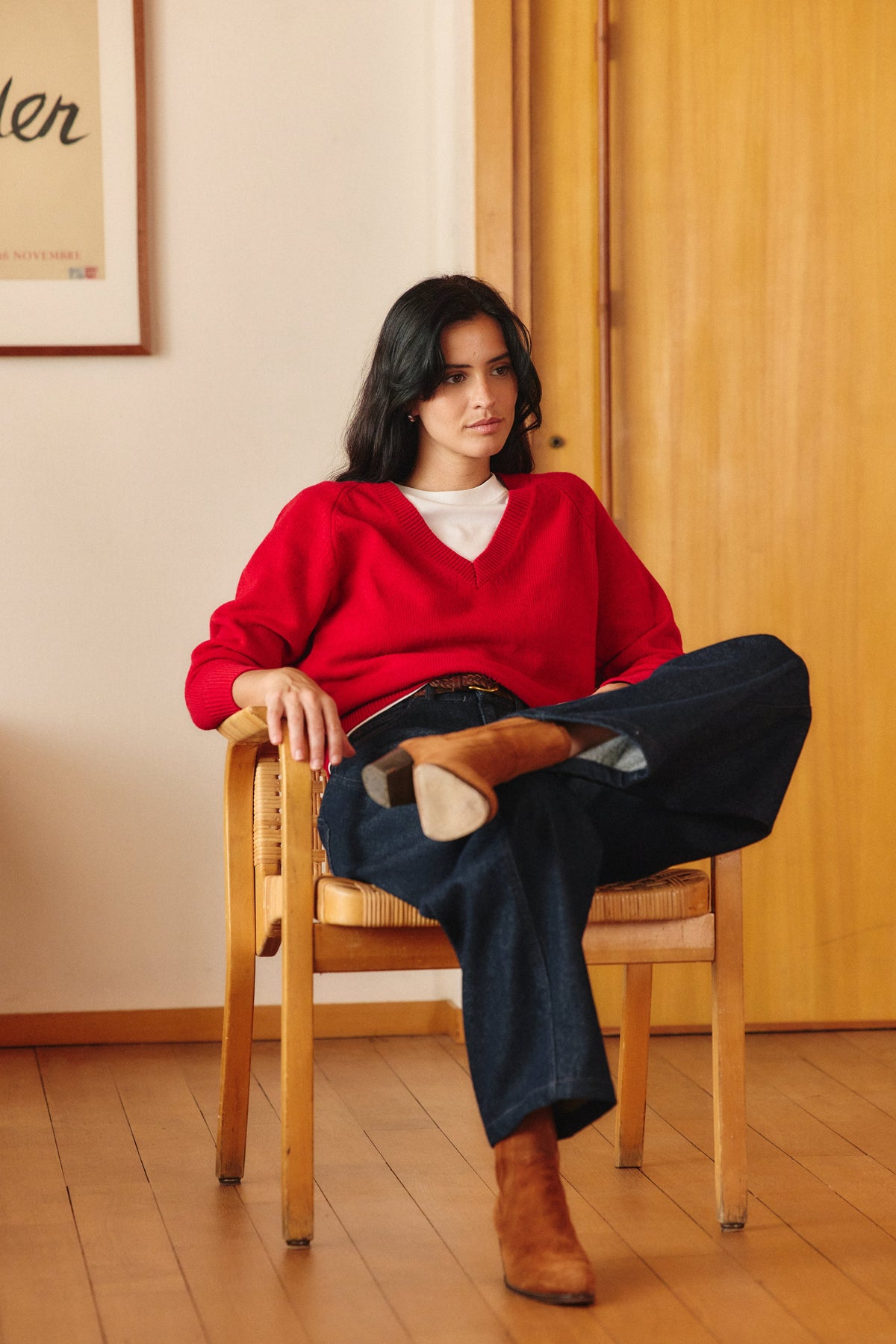 Maelys V-Neck Knit Jumper – Relaxed Fit Ribbed Trim Long Sleeve - Red