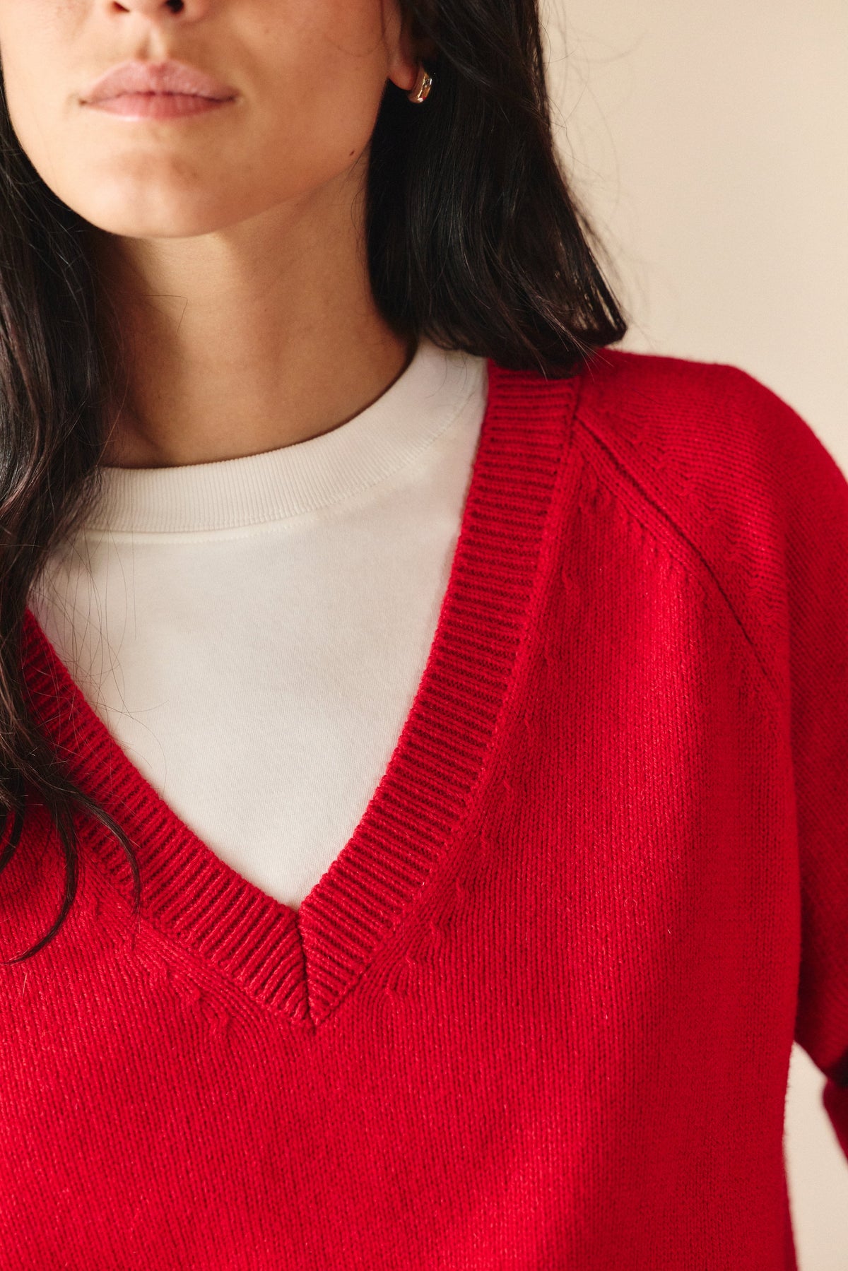 Maelys V-Neck Knit Jumper – Relaxed Fit Ribbed Trim Long Sleeve - Red