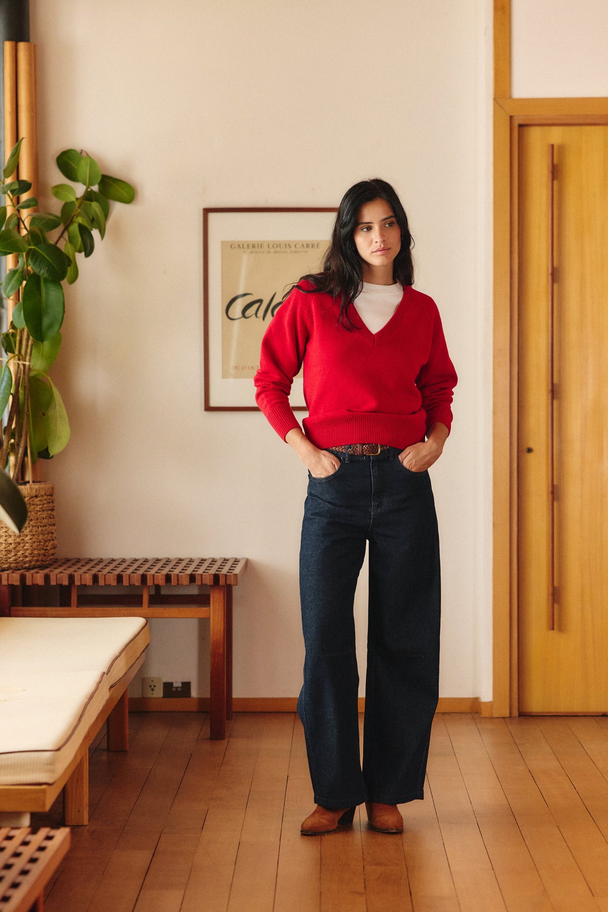 Maelys V-Neck Knit Jumper – Relaxed Fit Ribbed Trim Long Sleeve - Red