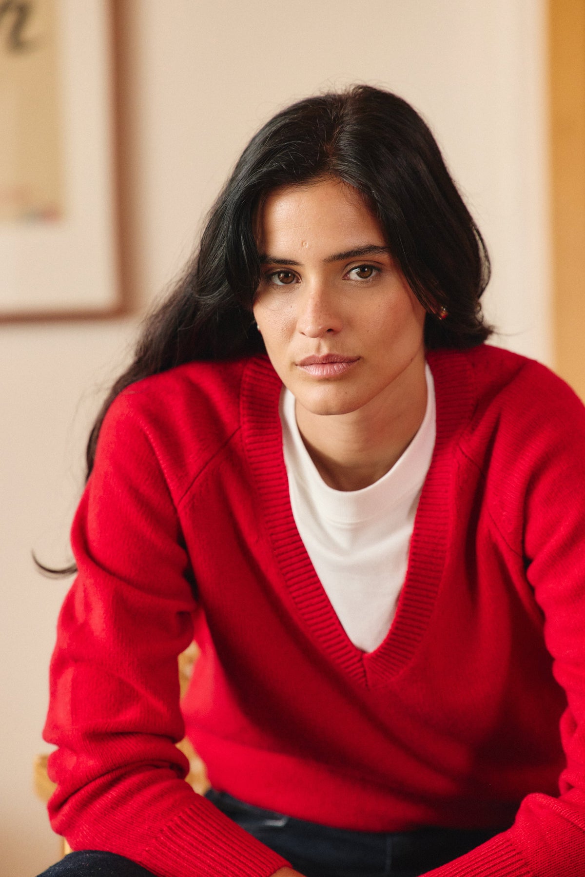 Maelys V-Neck Knit Jumper – Relaxed Fit Ribbed Trim Long Sleeve - Red