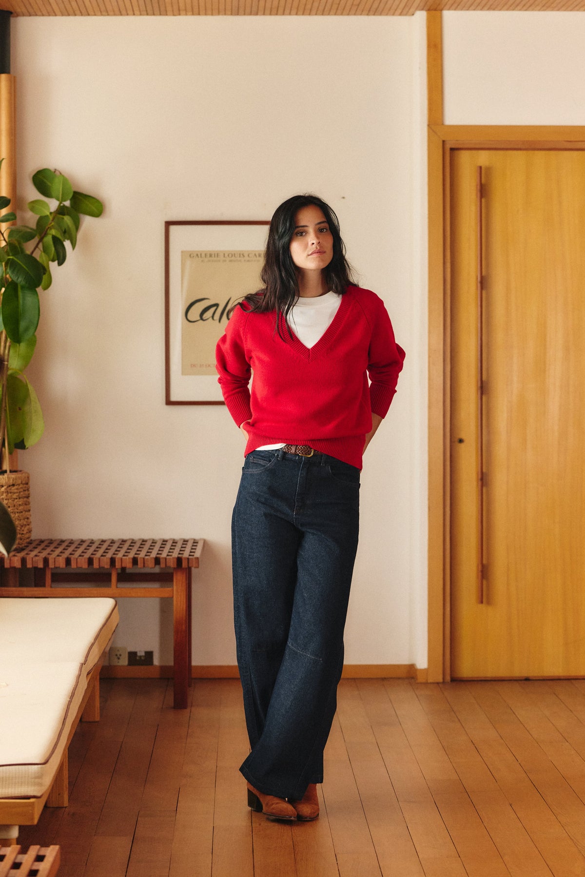 Maelys V-Neck Knit Jumper – Relaxed Fit Ribbed Trim Long Sleeve - Red