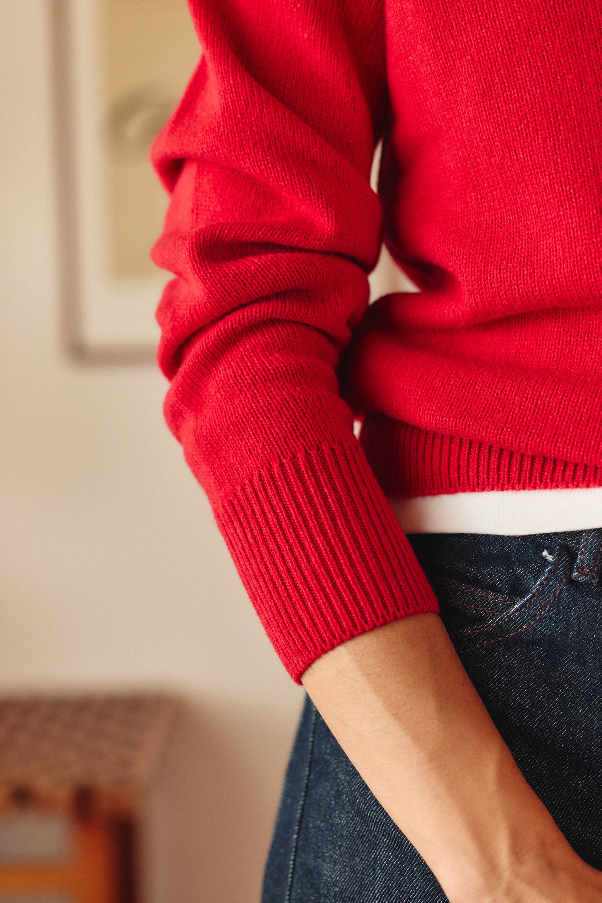 Maelys V-Neck Knit Jumper – Relaxed Fit Ribbed Trim Long Sleeve - Red