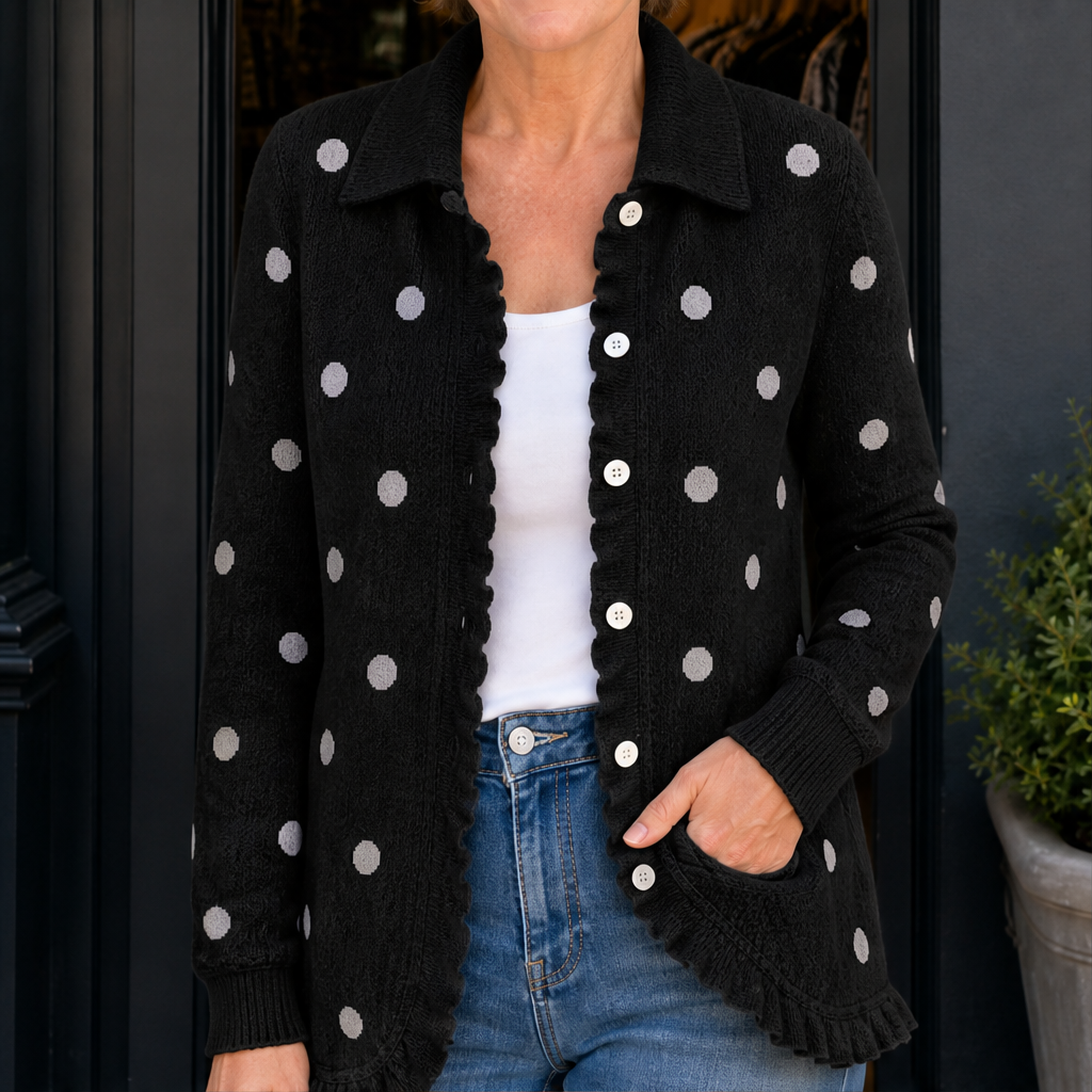 Maisie Polka Dot Cardigan – Collared Button Front Ruffle Trim Black