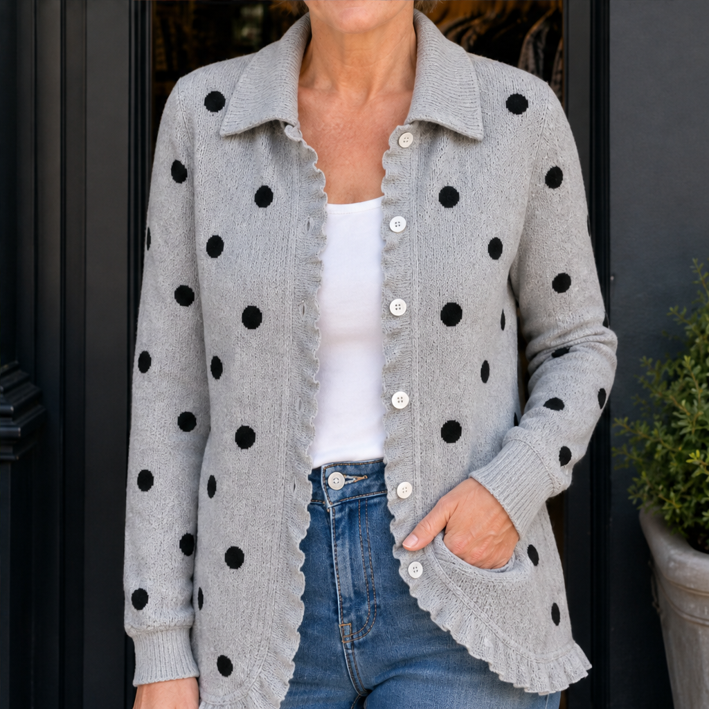 Maisie Polka Dot Cardigan – Collared Button Front Ruffle Trim Grey