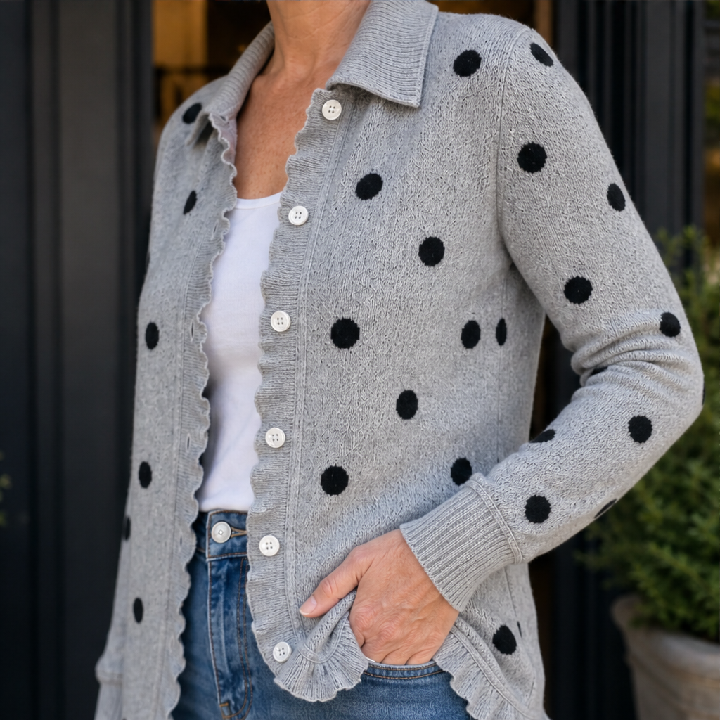 Maisie Polka Dot Cardigan – Collared Button Front Ruffle Trim Grey