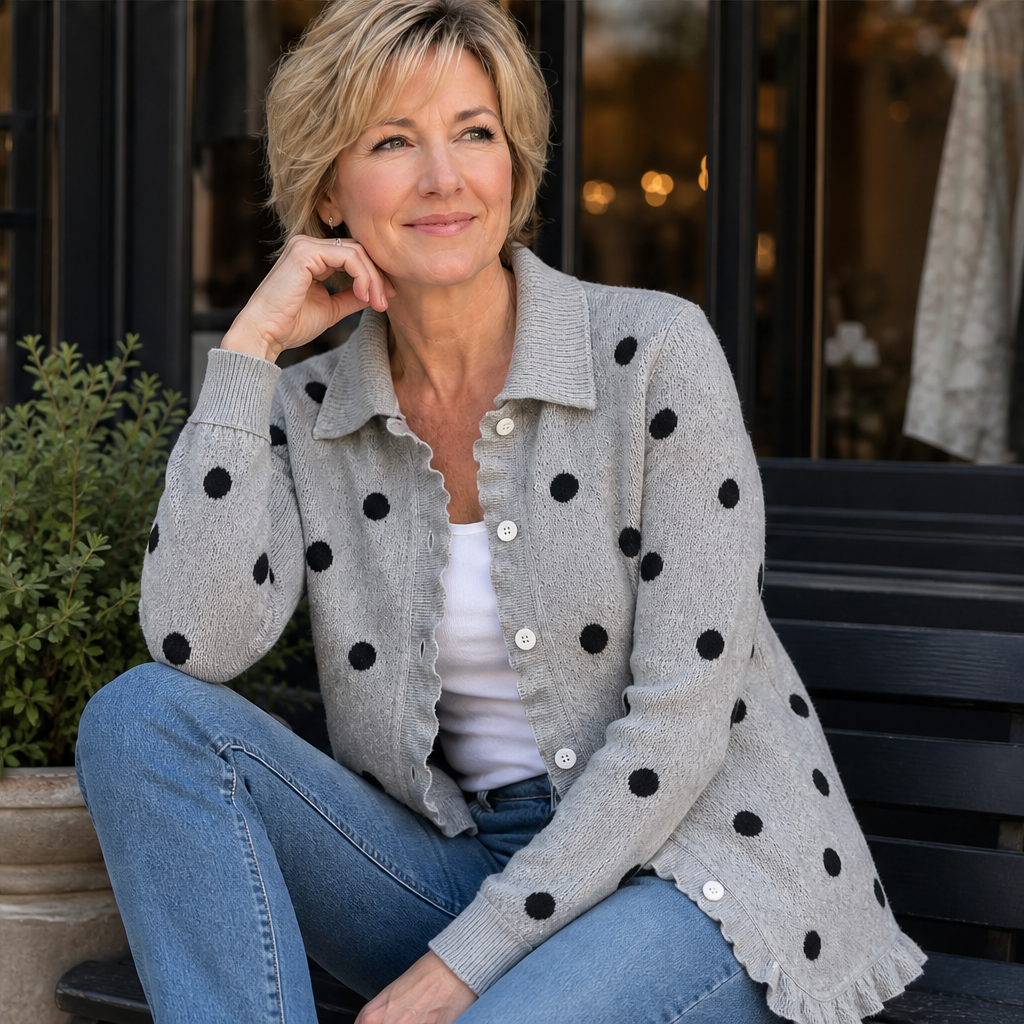 Maisie Polka Dot Cardigan – Collared Button Front Ruffle Trim Grey