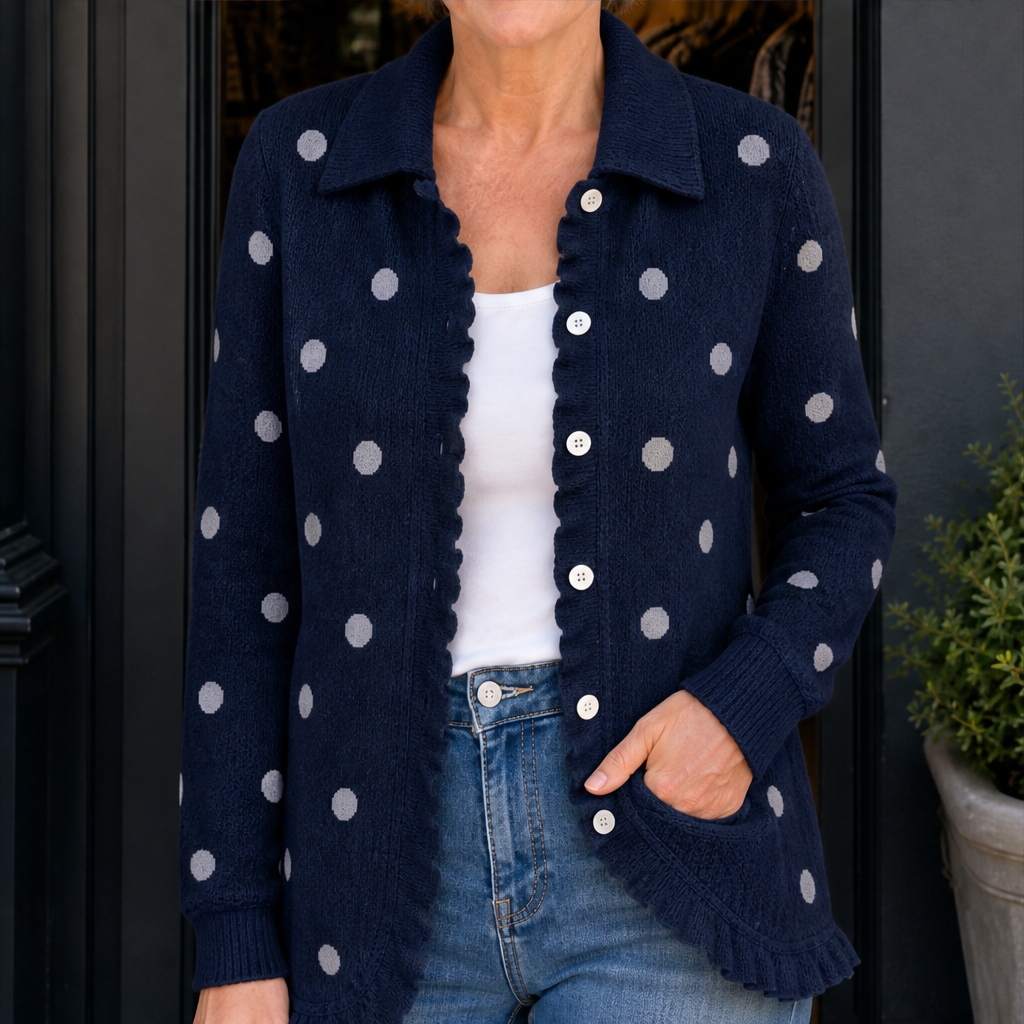 Maisie Polka Dot Cardigan – Collared Button Front Ruffle Trim Navy