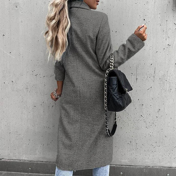 Margaux Notched Lapel Long Coat – Tailored Button Front Winter Overcoat