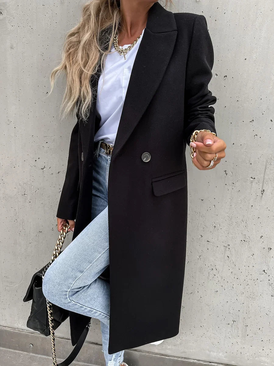 Margaux Notched Lapel Long Coat – Tailored Button Front Winter Overcoat – Black
