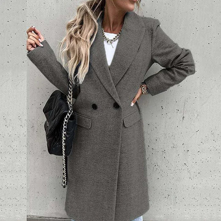 Margaux Notched Lapel Long Coat – Tailored Button Front Winter Overcoat – Grey