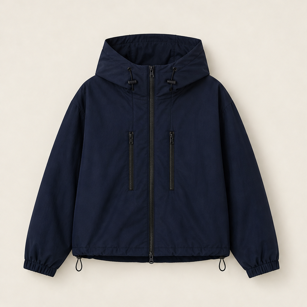 Marisol Hooded Rain Jacket – Short Oversized Balloon Hem – Navy