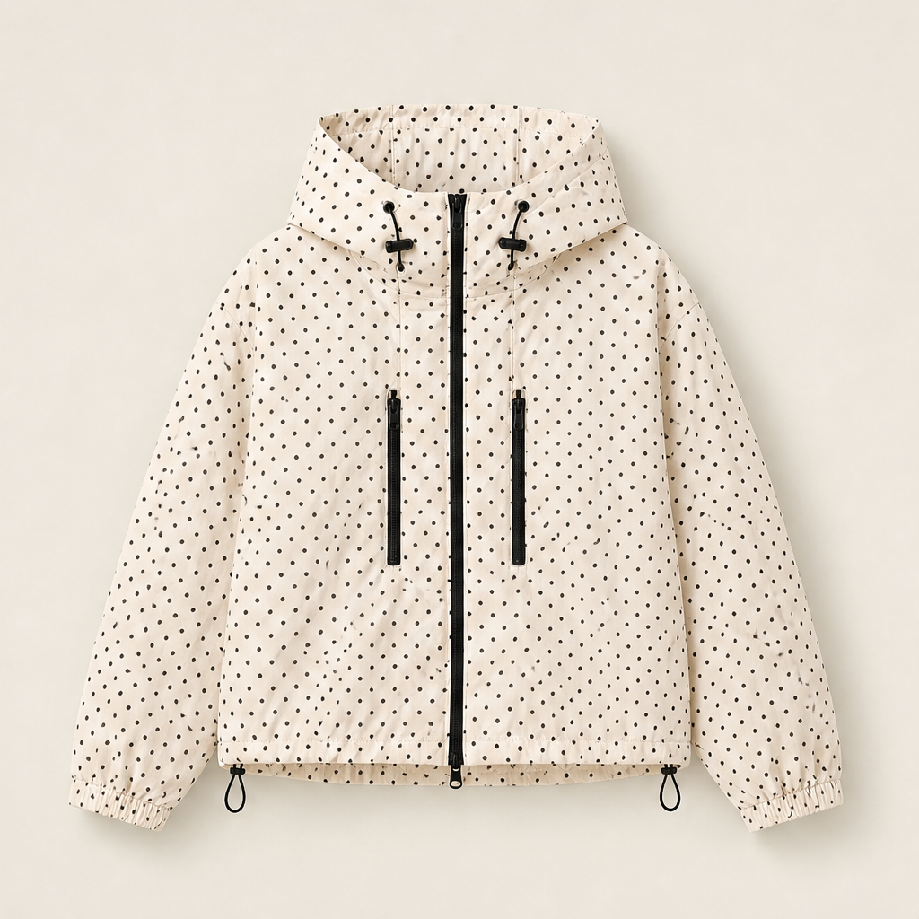 Marisol Hooded Rain Jacket – Short Oversized Balloon Hem – White Dot