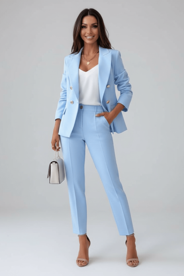 Vesper Double-Breasted Trouser Suit – Light Blue