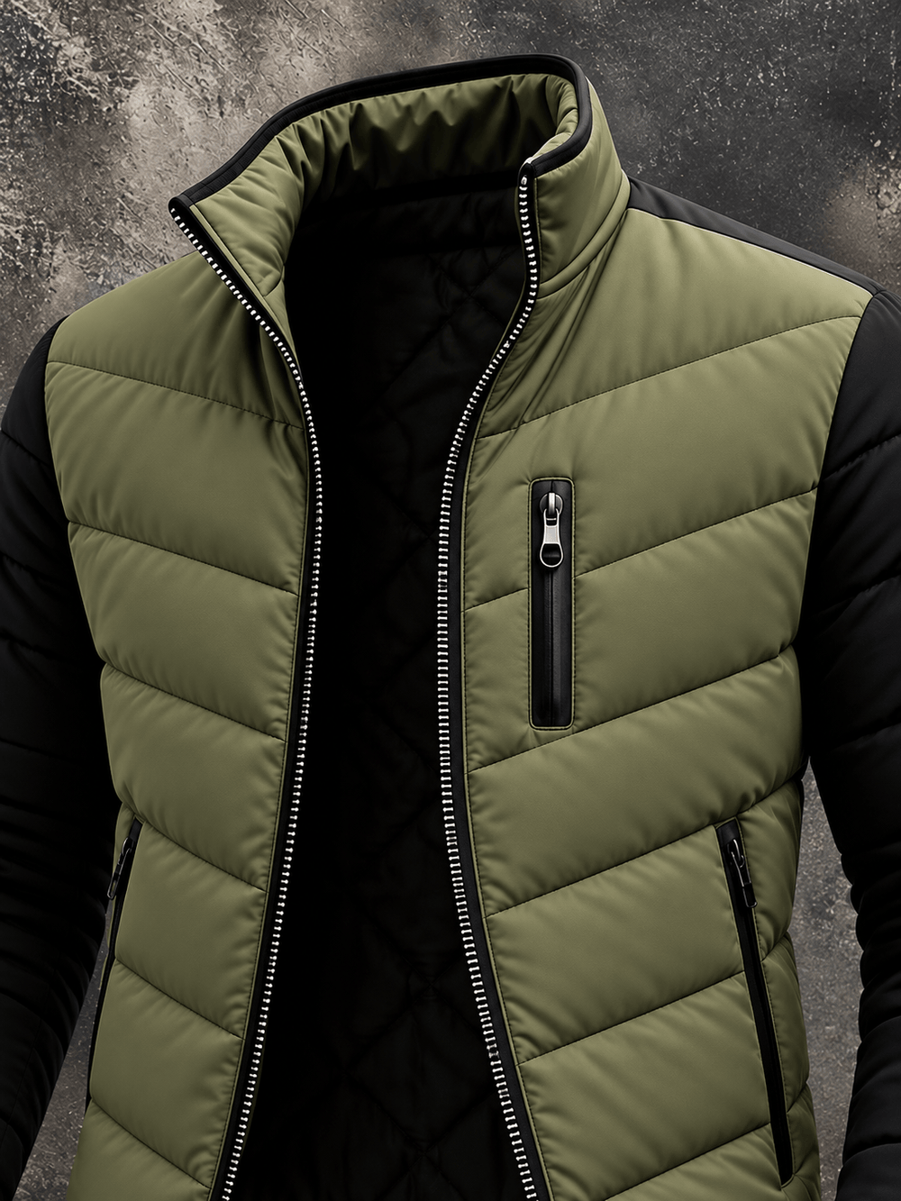 Matteo Colour-Block Puffer Jacket – Stand Collar Quilted Zip Front – Olive