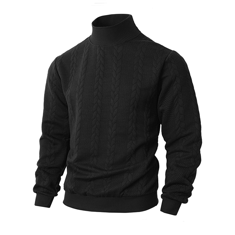 Matthias Mock Neck Jacquard Knit Jumper – Slim Fit Ribbed Cuffs Long Sleeve – Black