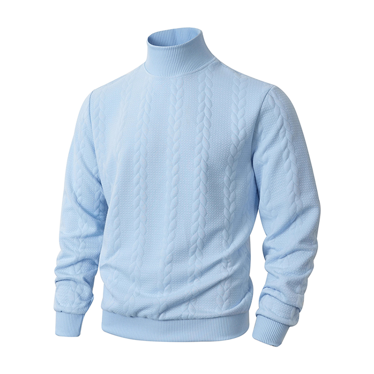 Matthias Mock Neck Jacquard Knit Jumper – Slim Fit Ribbed Cuffs Long Sleeve – Blue