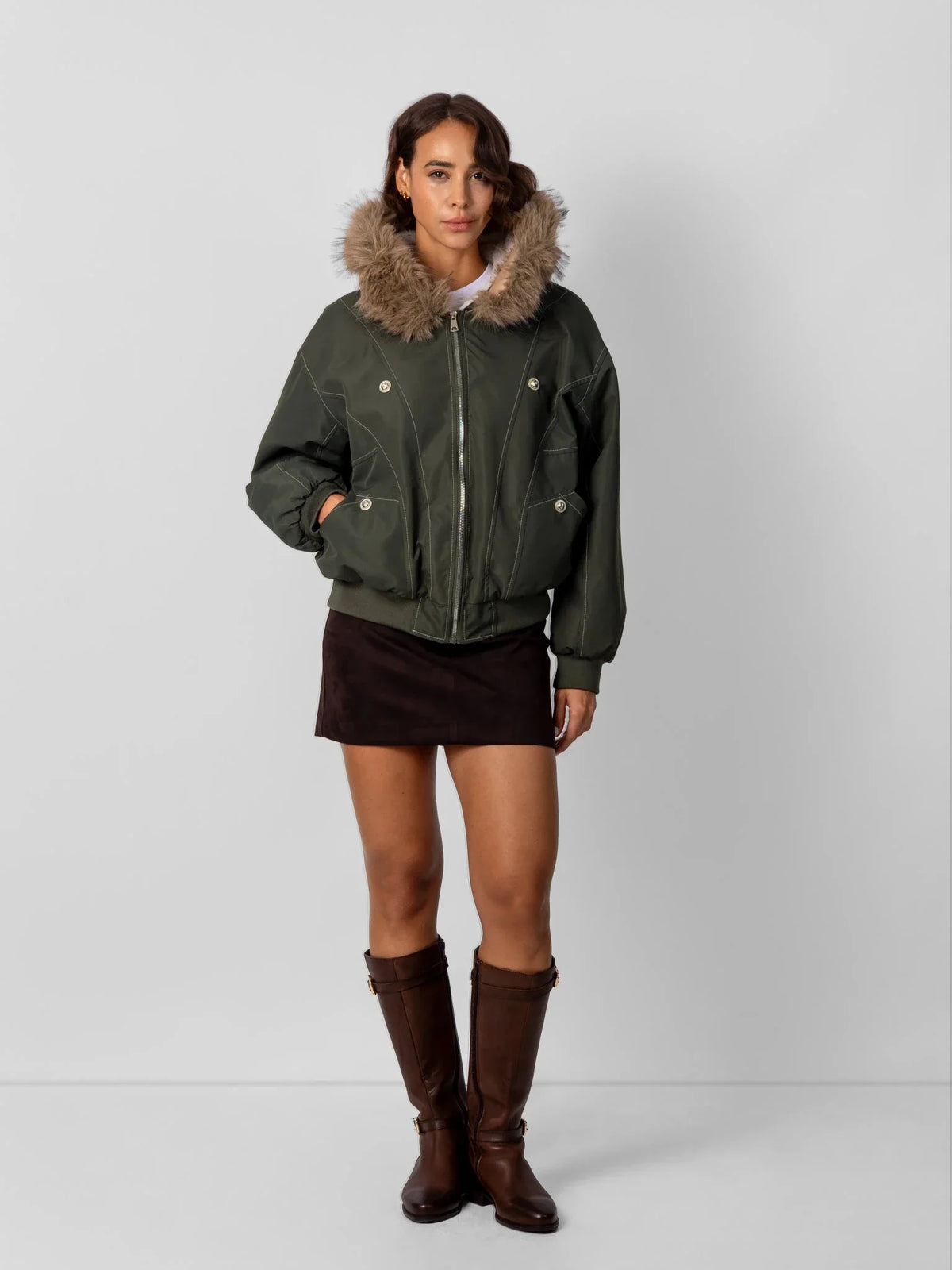 Melisande Plush Trim Hooded Bomber Jacket – Army Green
