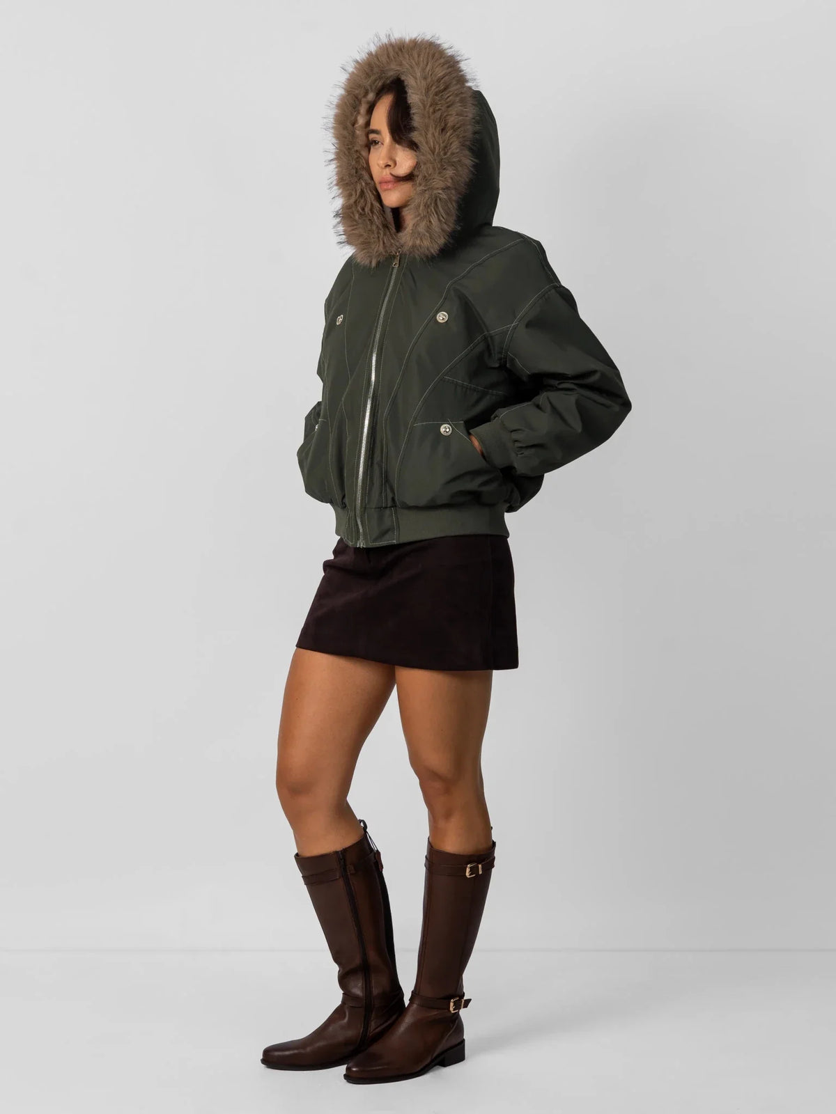 Melisande Plush Trim Hooded Bomber Jacket – Army Green