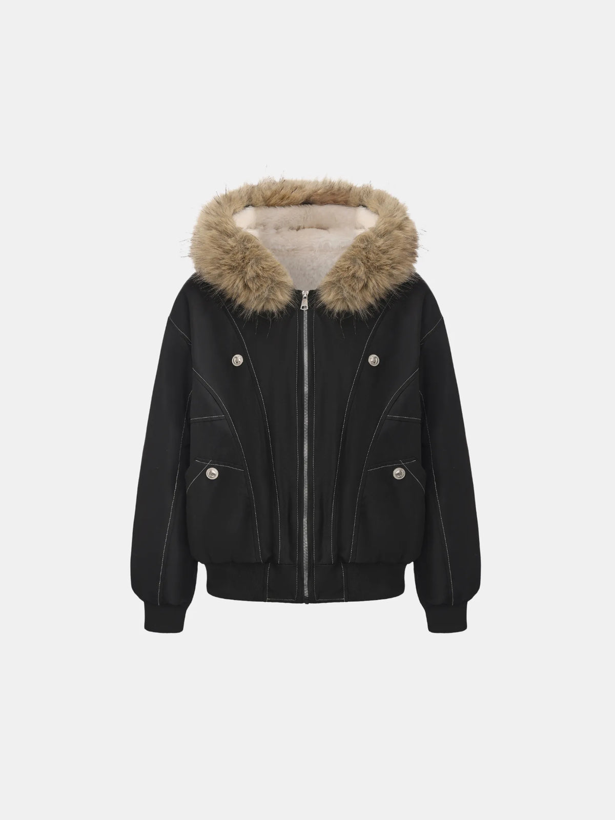 Melisande Plush Trim Hooded Bomber Jacket – Black