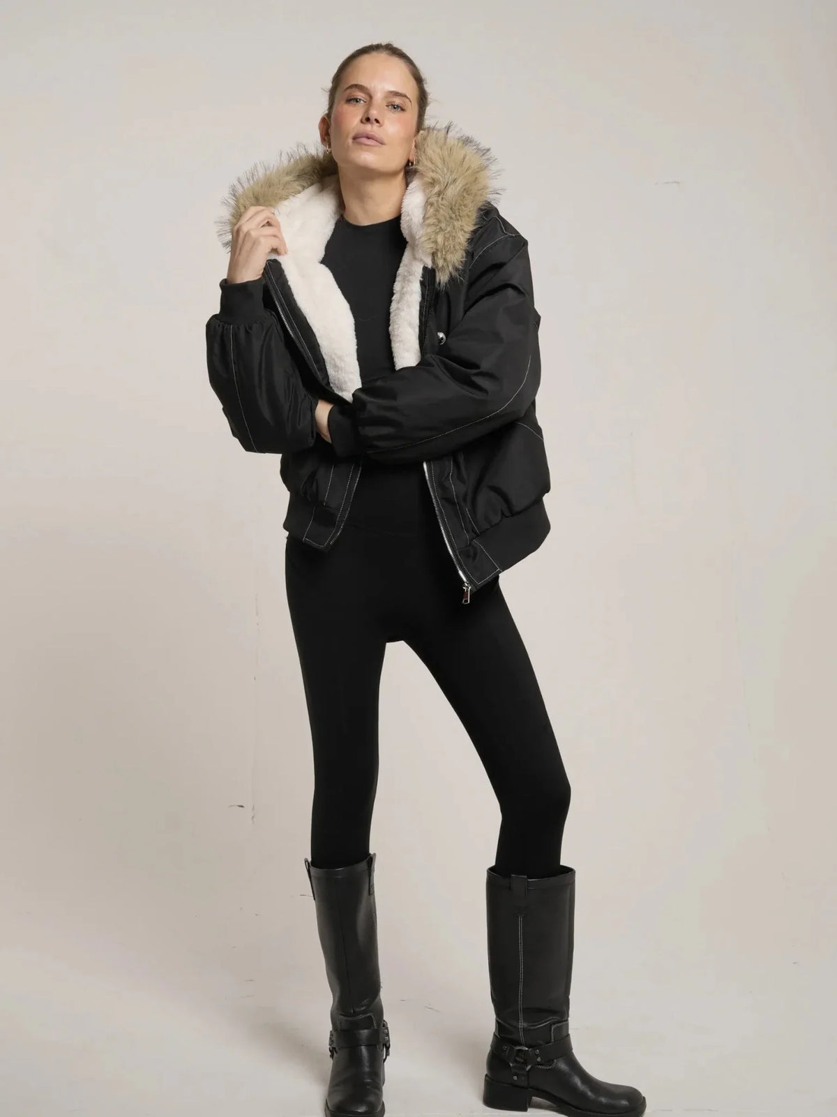 Melisande Plush Trim Hooded Bomber Jacket – Black