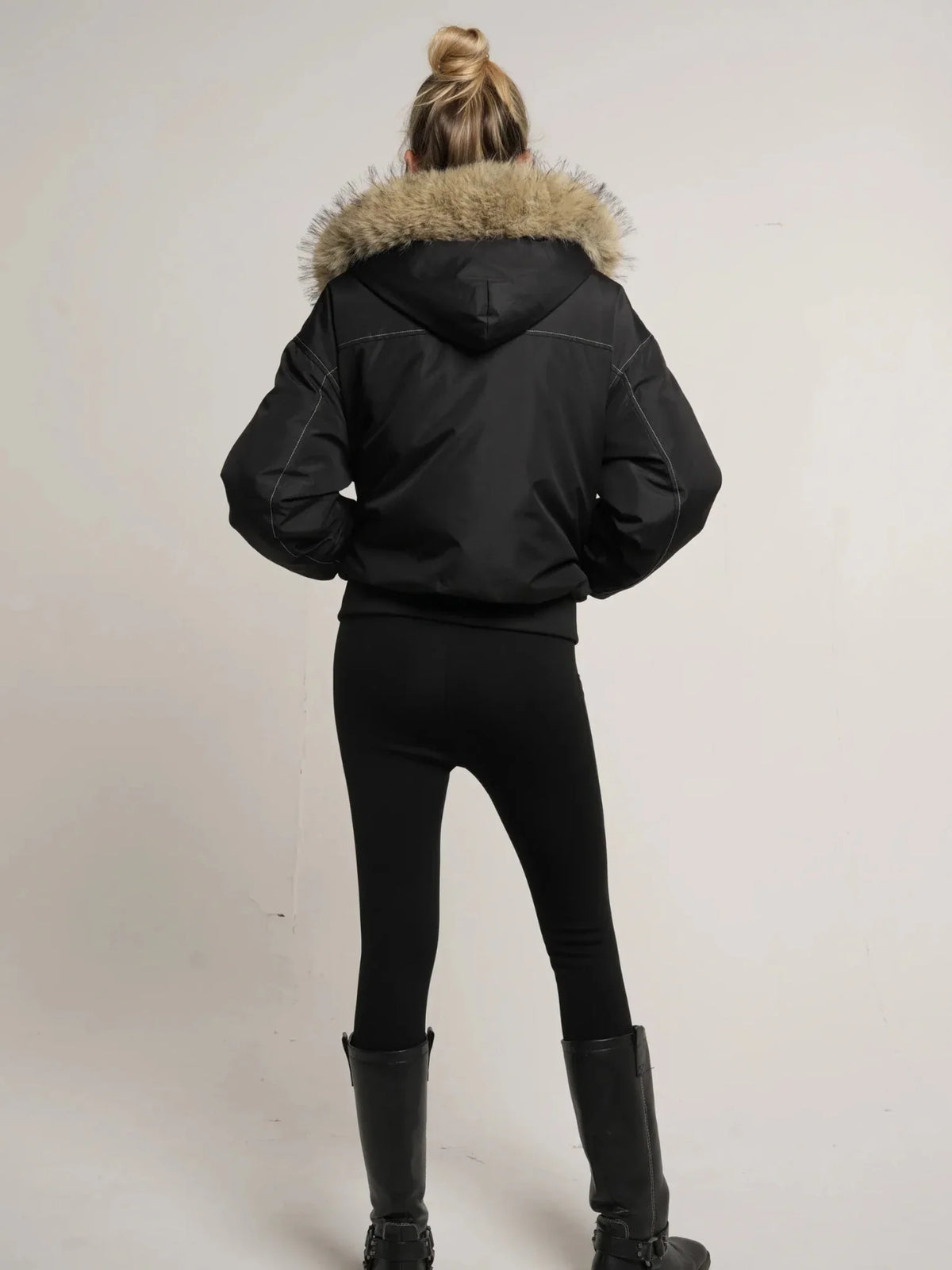 Melisande Plush Trim Hooded Bomber Jacket – Black