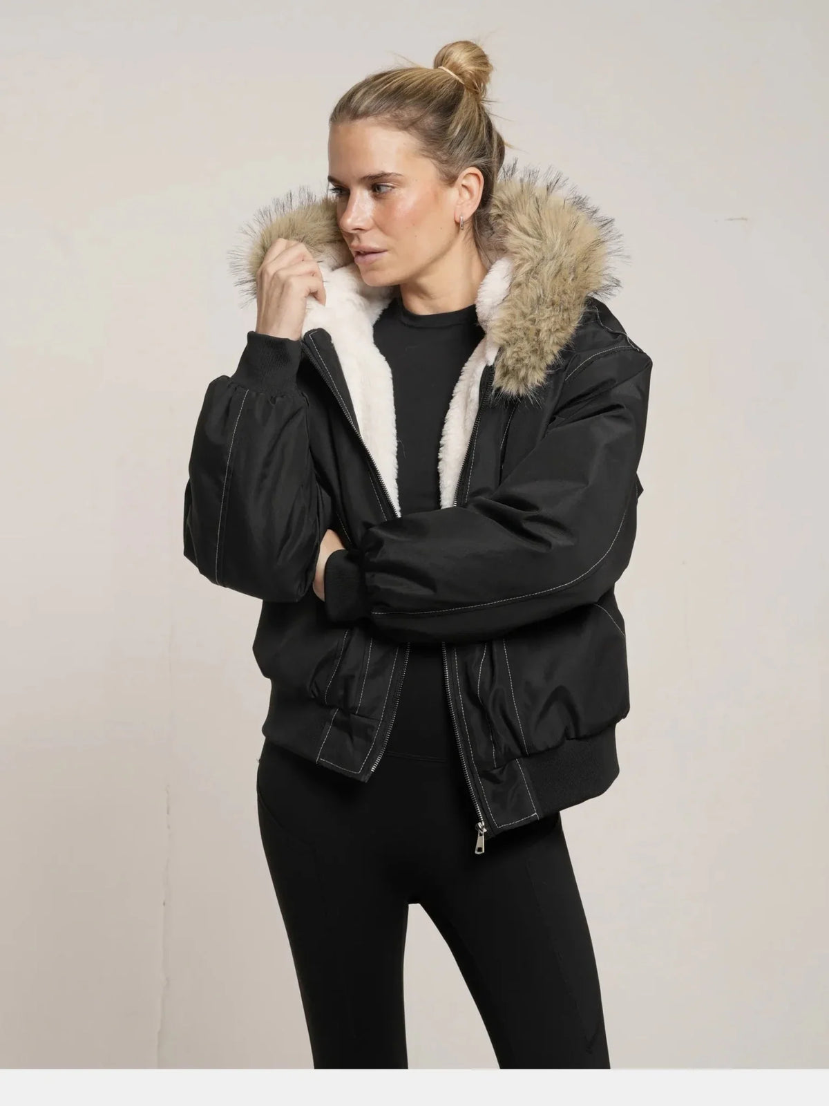 Melisande Plush Trim Hooded Bomber Jacket – Black