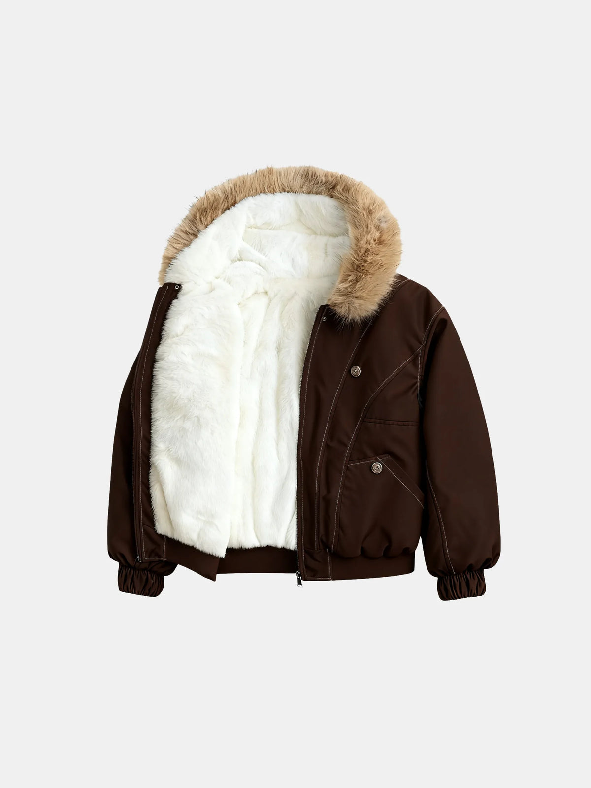 Melisande Plush Trim Hooded Bomber Jacket – Mocha Brown