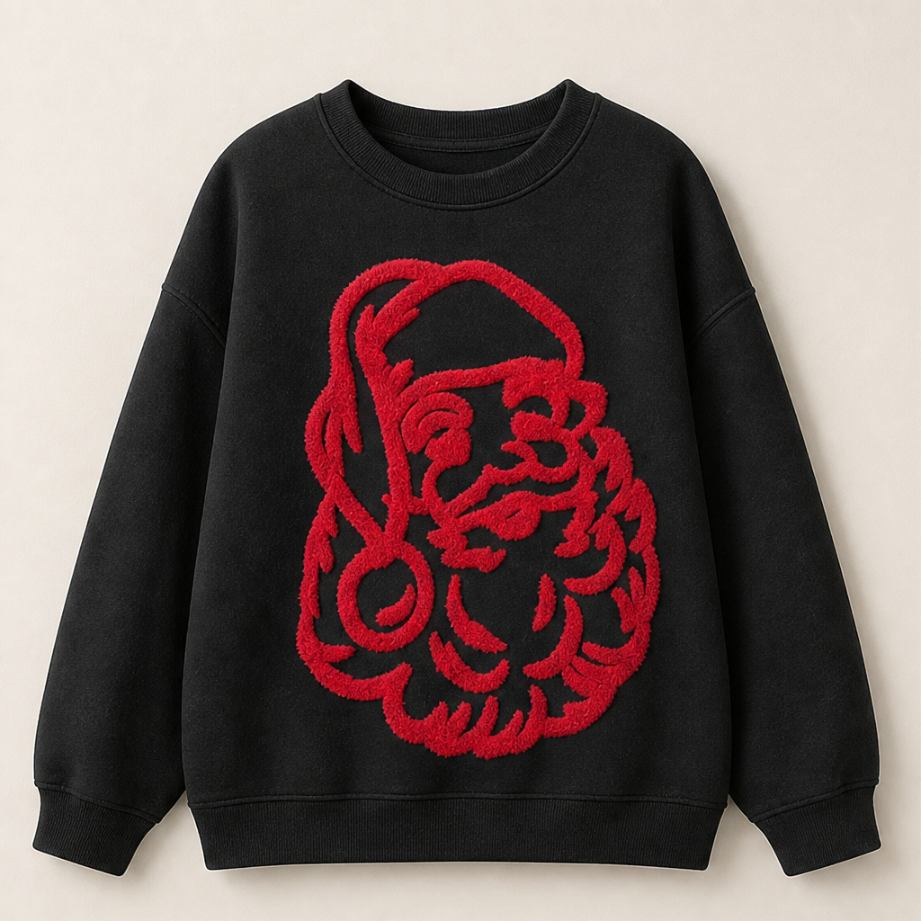 Noelle Oversized Christmas Sweatshirt – Santa Graphic Crew Neck Pullover – Black