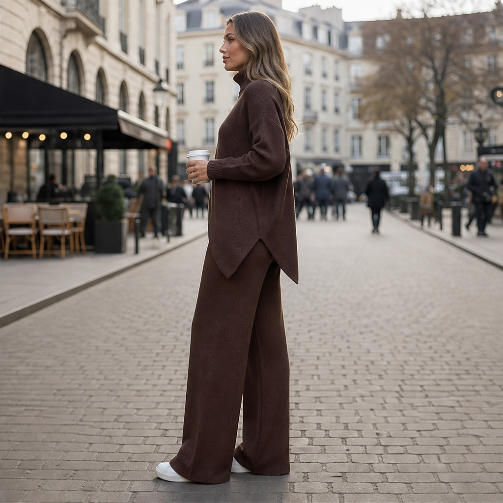 Noemi Asymmetric Knit Set – Turtleneck Wrap Top and Wide-Leg Trousers Brown