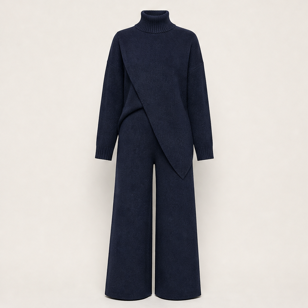 Noemi Asymmetric Knit Set – Turtleneck Wrap Top and Wide-Leg Trousers Navy