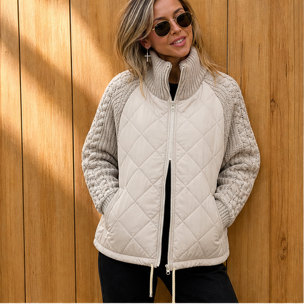 Dorvelli | Nordic Cable Puffer Jacket – Knit Sleeve Diamond Quilted Zip