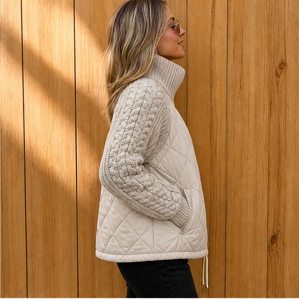 Dorvelli | Nordic Cable Puffer Jacket – Knit Sleeve Diamond Quilted Zip