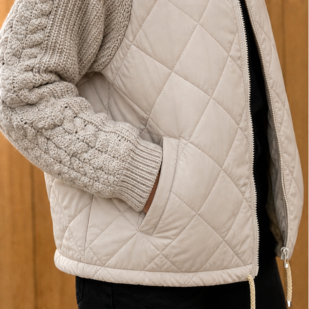 Dorvelli | Nordic Cable Puffer Jacket – Knit Sleeve Diamond Quilted Zip