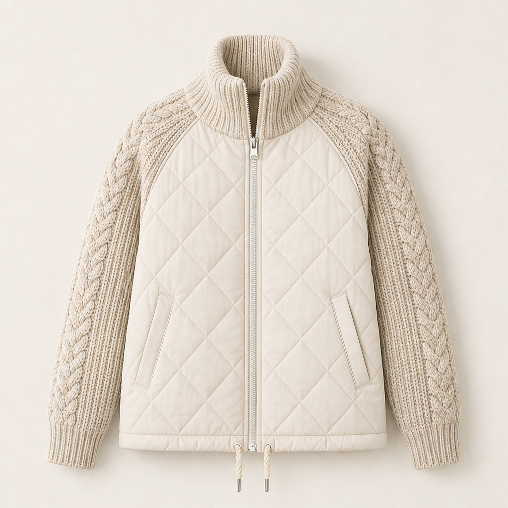 Dorvelli | Nordic Cable Puffer Jacket – Knit Sleeve Diamond Quilted Zip – Beige
