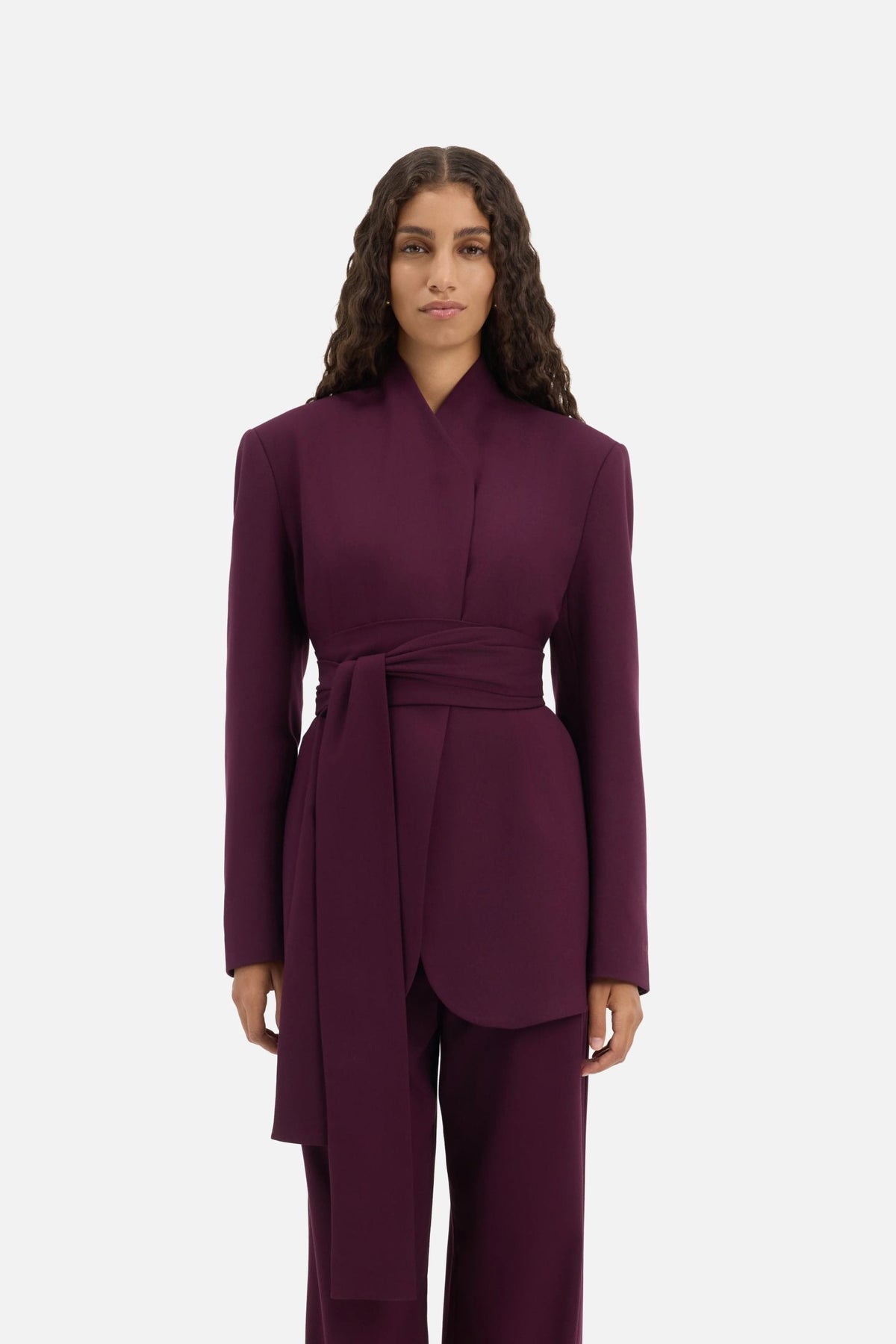 Odalie Wrap Belt Longline Blazer – Burgundy