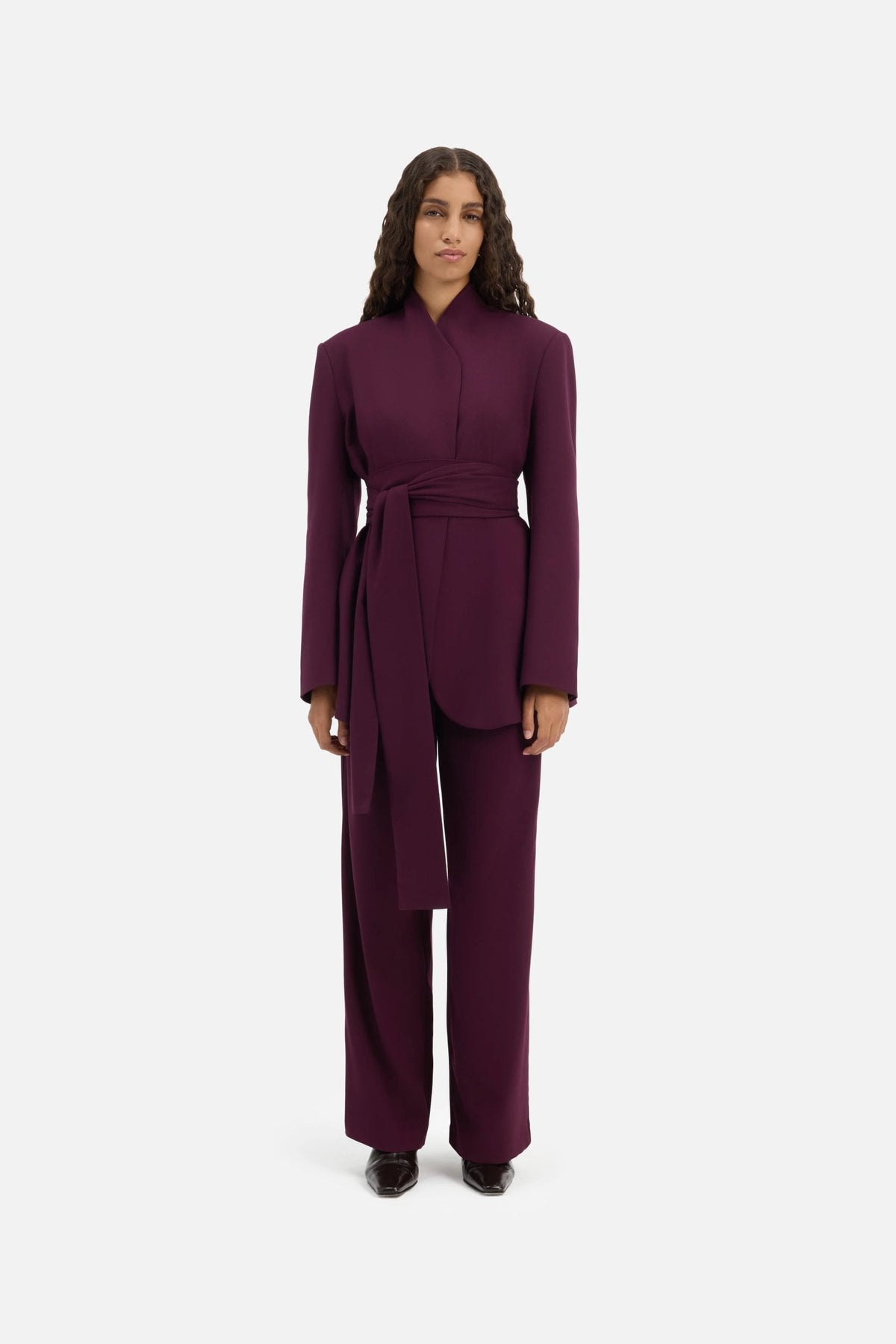 Odalie Wrap Belt Longline Blazer – Burgundy
