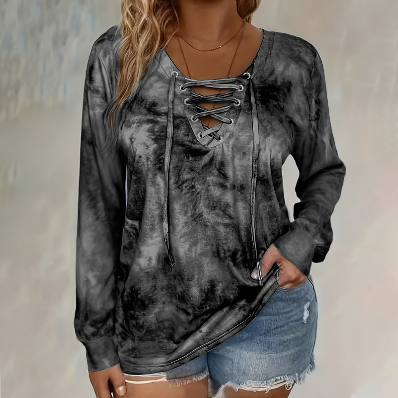 Odalys Tie-Dye Lace-Up V-Neck Top – Casual Printed Everyday Tee – Black