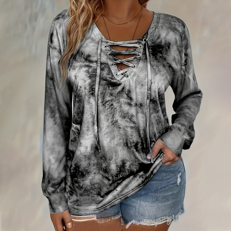 Odalys Tie-Dye Lace-Up V-Neck Top – Casual Printed Everyday Tee – Grey